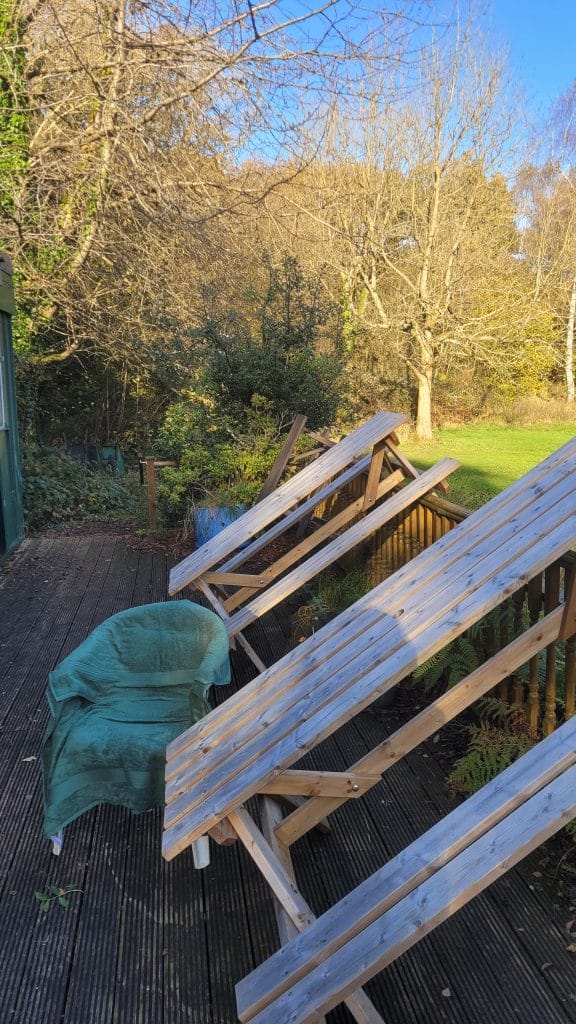 Two wooden deck chairs are positioned at an angle on a wooden deck, with a green chair nearby. In the background, trees with sparse foliage and a clear blue sky are visible.