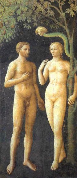 A nude man and woman standing beside a tree with a serpent above them. The man is on the left, looking at the woman, who is on the right, reaching out towards him. The scene is set against a dark background, evoking a biblical theme.