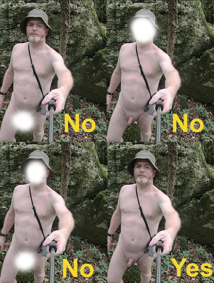 A humorous collage featuring a man in nature, holding a selfie stick against a backdrop of rugged rocks and greenery. Each quadrant displays variations of the same pose but with playful overlays stating 'No' and 'Yes', suggesting a lighthearted take on appropriateness.